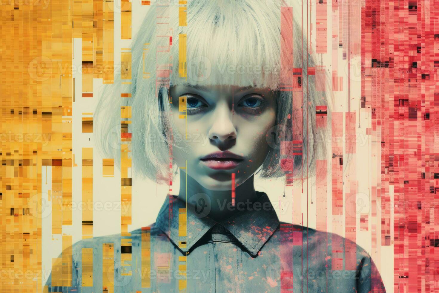 a woman with blonde hair standing in front of a colorful background generative ai photo