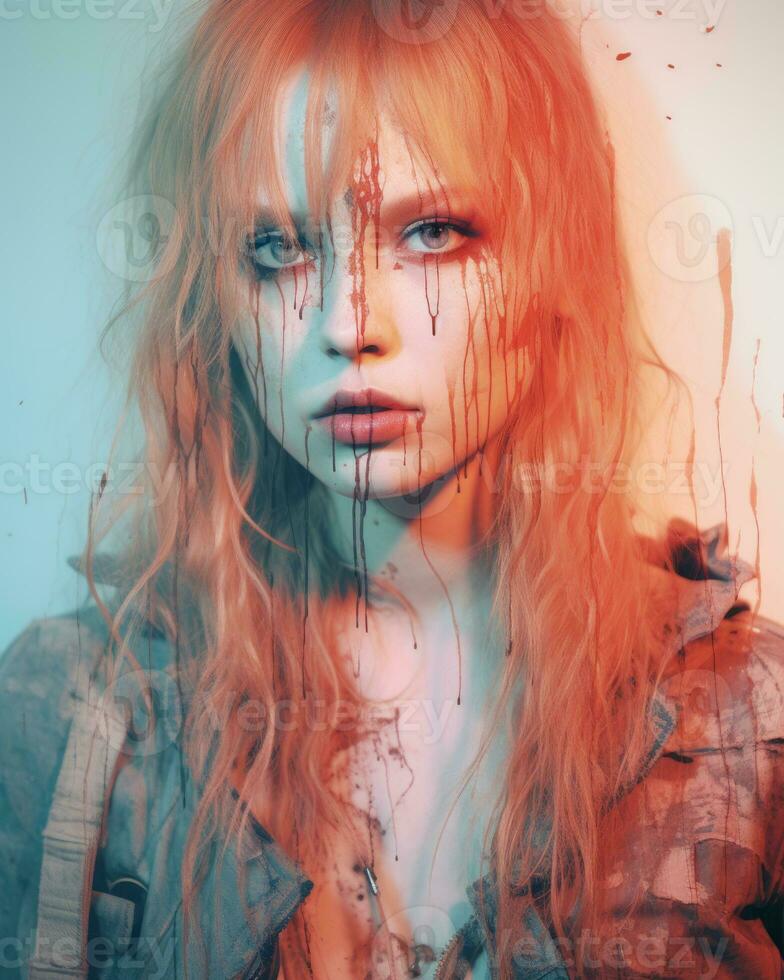 a woman with blood all over her face generative ai photo