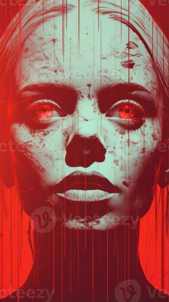 a woman with blood dripping down her face and red eyes generative ai photo