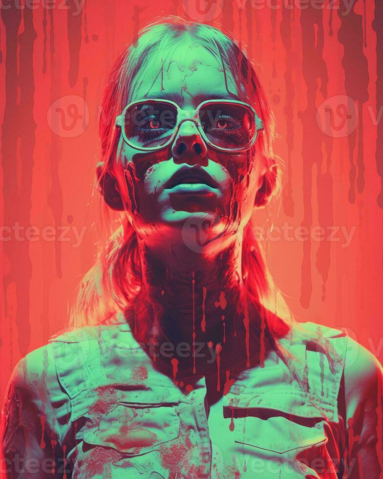 a woman with blood dripping down her face and glasses in front of a red background generative ai photo