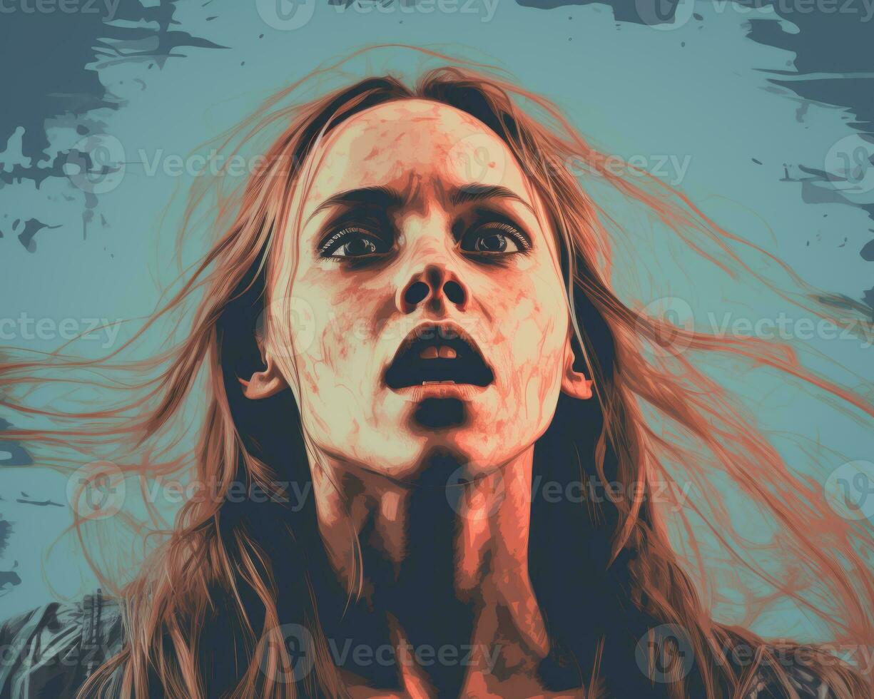 a woman with blood on her face and hair blowing in the wind generative ai photo