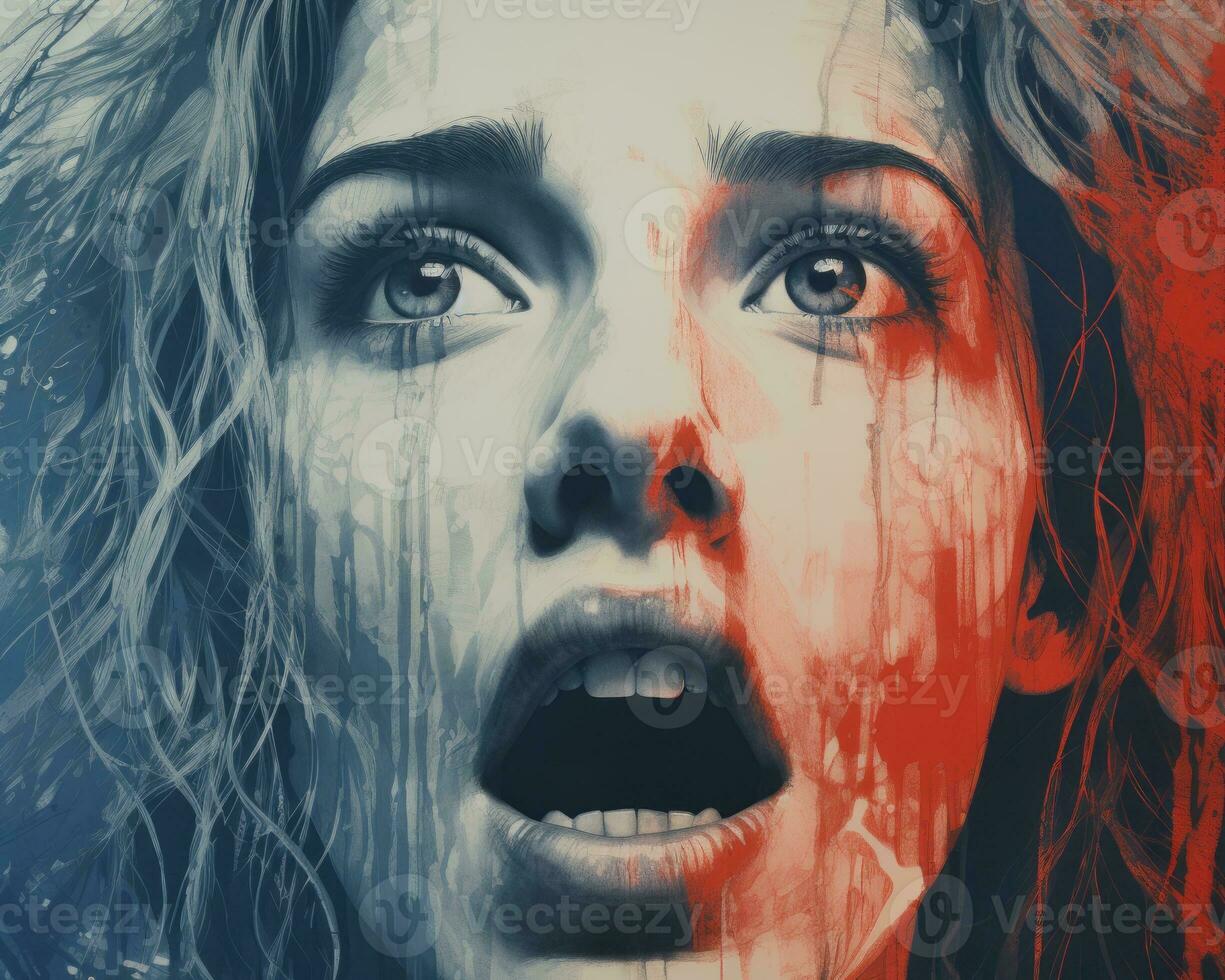 a woman with blood on her face and a red and blue background generative ai photo