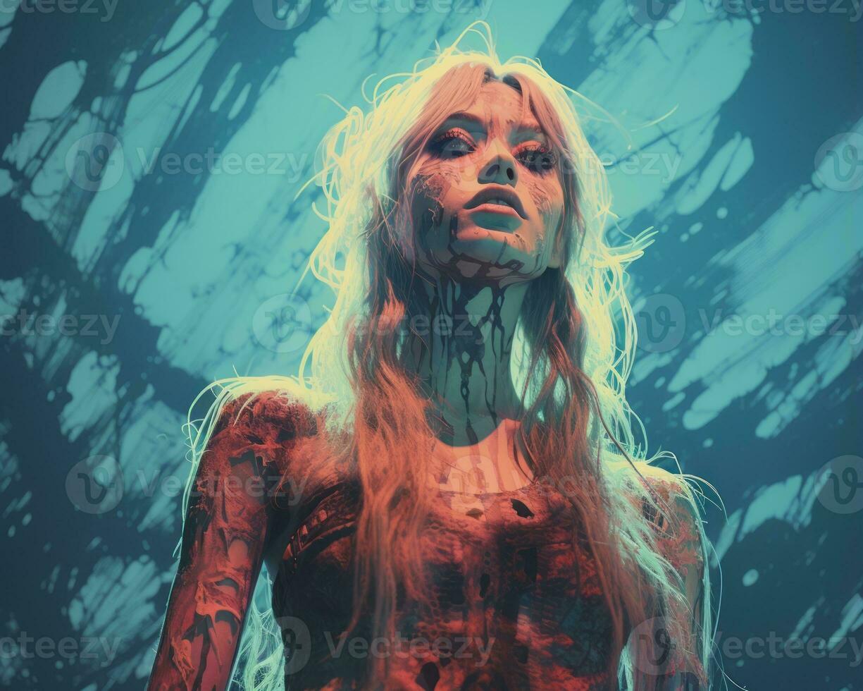 a woman with blood on her face standing in front of a blue background generative ai photo