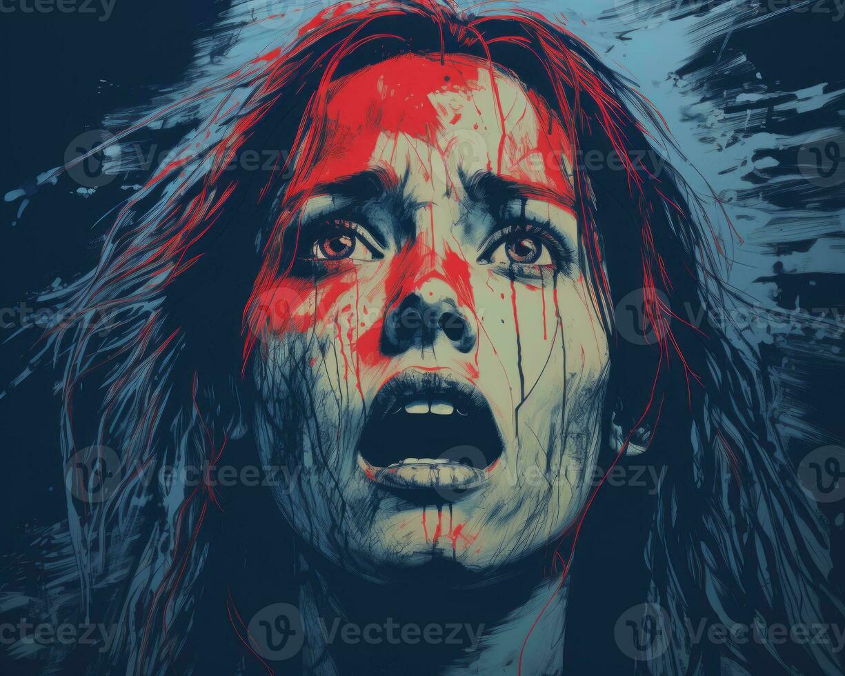a woman with blood on her face is shown on a blue background generative ai photo