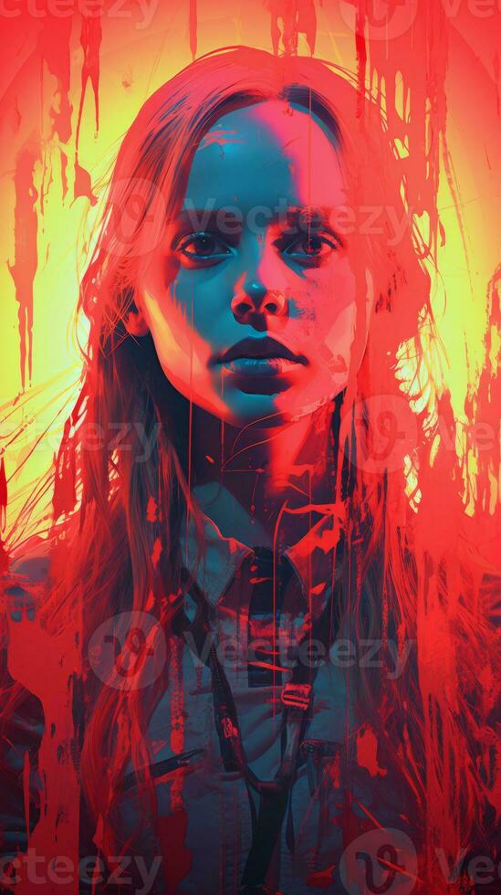 a woman with blood splattered on her face in front of a red and blue background generative ai photo