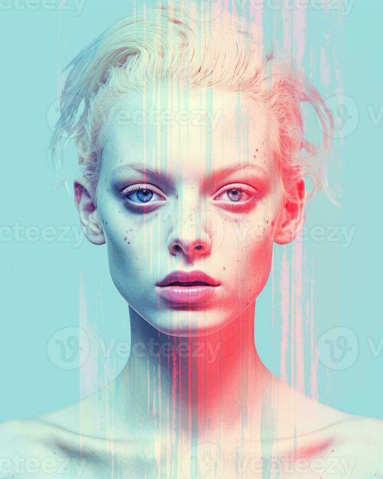 a woman with blue and pink paint on her face generative ai photo