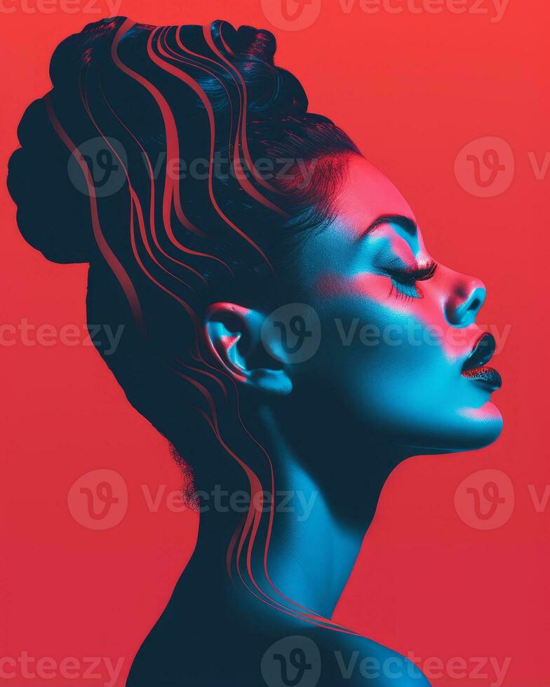 a woman with blue and red hair in front of a red and blue background generative ai photo