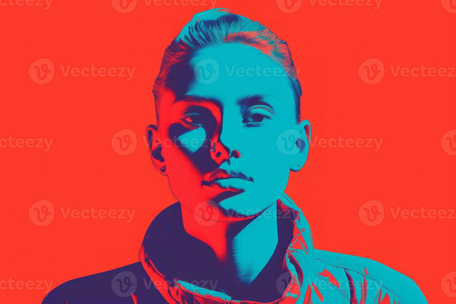 a woman with blue and red hair in front of a red background generative ai photo