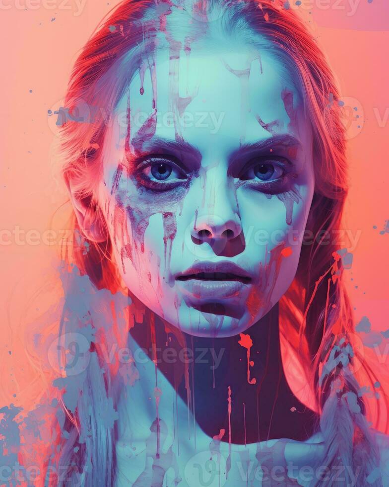 a woman with blue and pink paint splatters on her face generative ai photo
