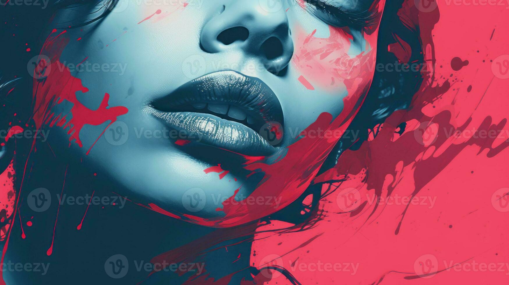 a woman with blue and pink paint splatters on her face generative ai photo