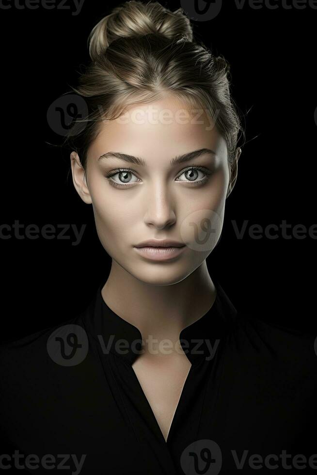 a woman with blue eyes and a black shirt generative ai photo