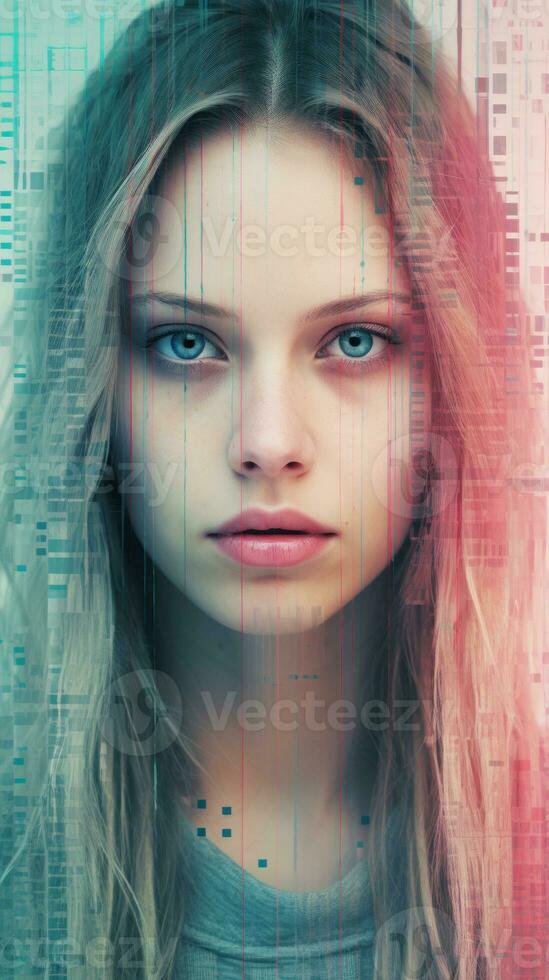 a woman with blue eyes and blonde hair in front of a computer screen generative ai photo