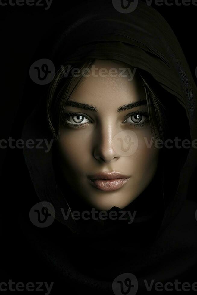 a woman with blue eyes in a black veil generative ai photo