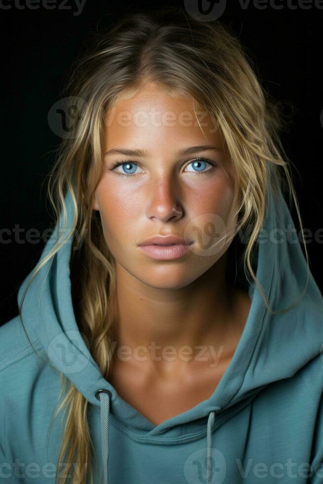 a woman with blue eyes wearing a blue hoodie generative ai photo