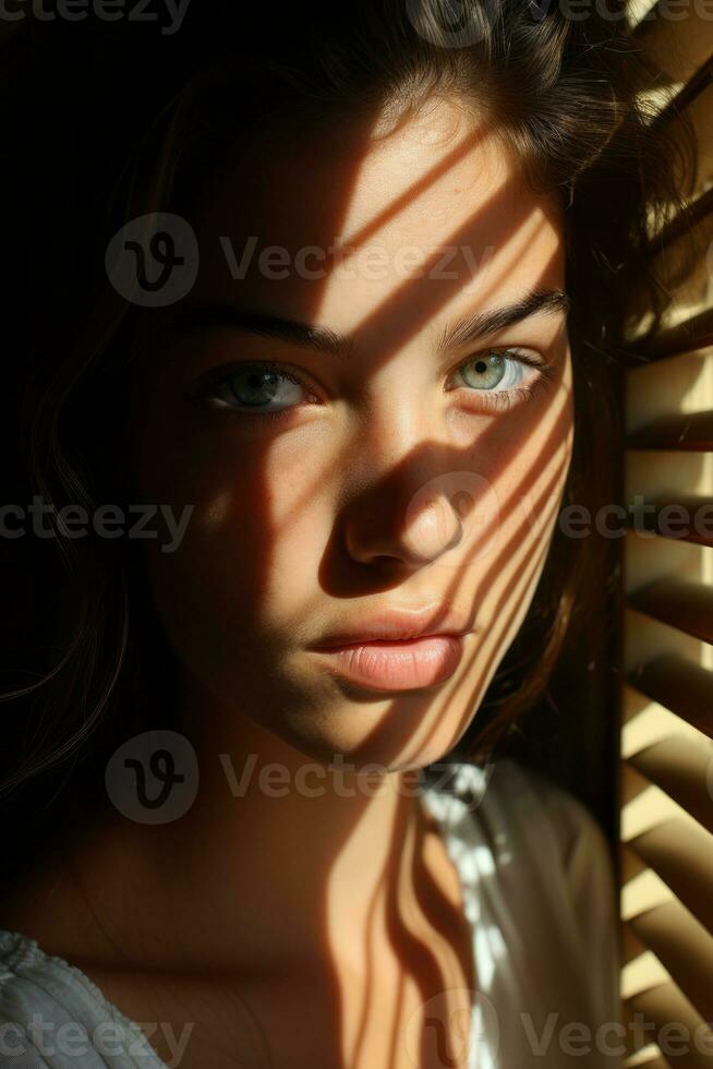 a woman with blue eyes looking out the window generative ai photo