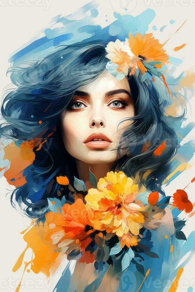 a woman with blue hair and flowers in her hair generative ai photo