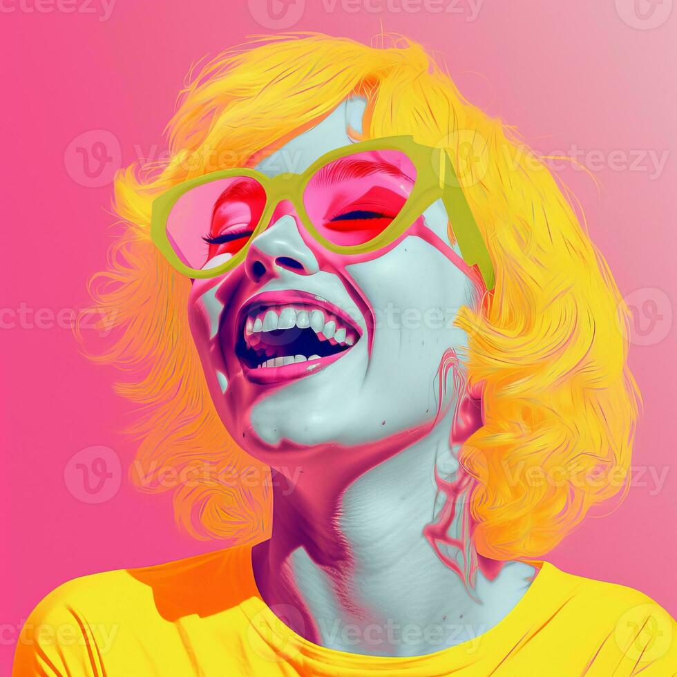 un mujer con brillante amarillo pelo y rosado lentes generativo ai foto