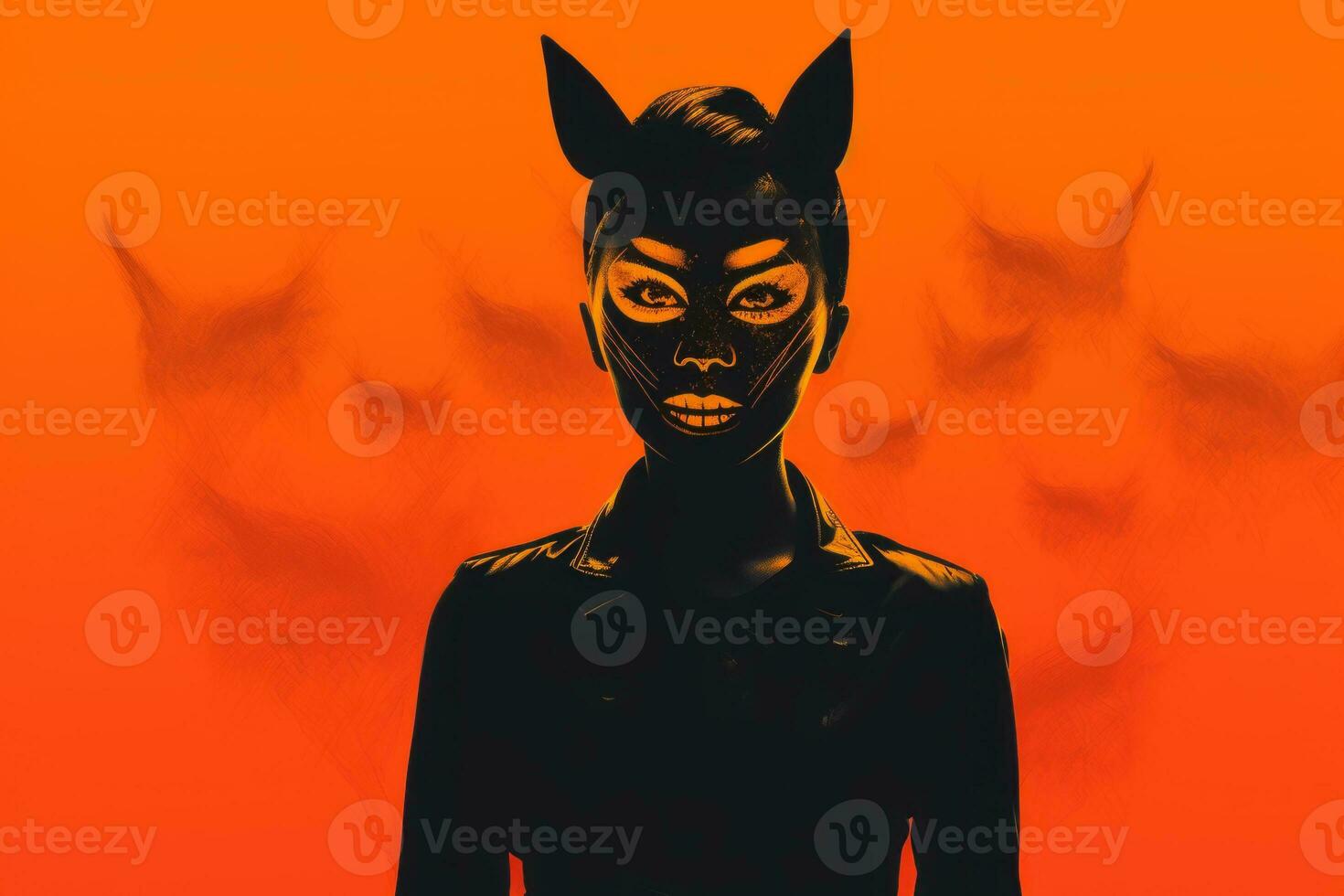 a woman with cat ears on an orange background generative ai photo