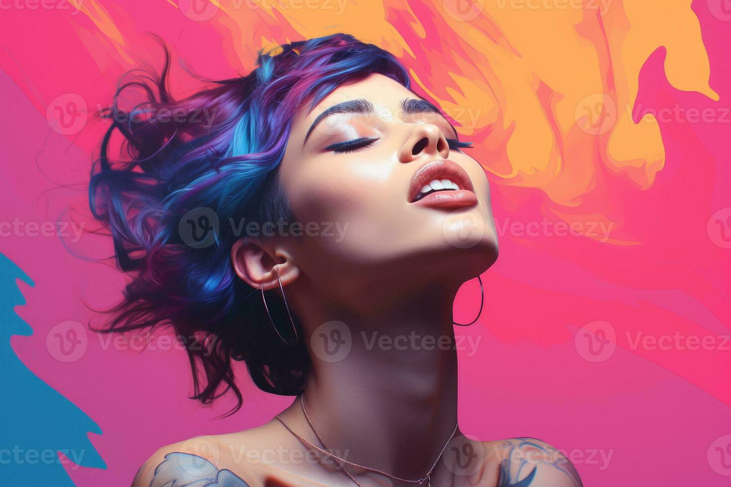 a woman with colorful hair and tattoos generative ai photo