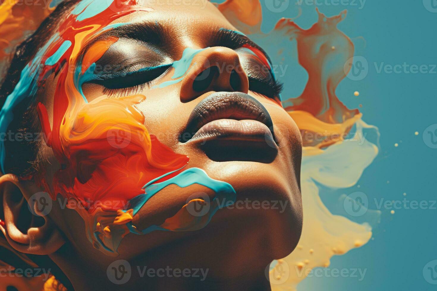a woman with colorful paint splashed on her face generative ai photo