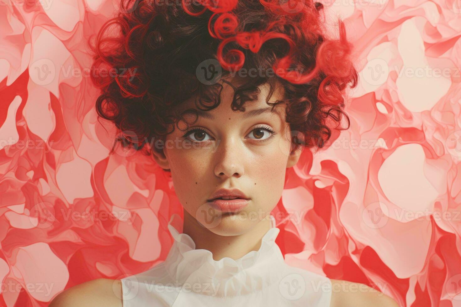 a woman with curly hair and red hair on a pink background generative ai photo