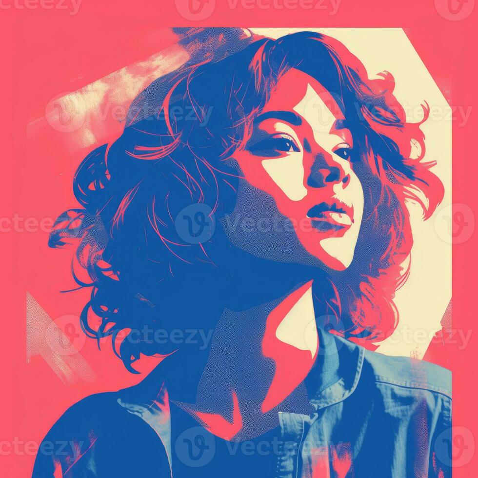 a woman with curly hair in a blue and pink background generative ai photo
