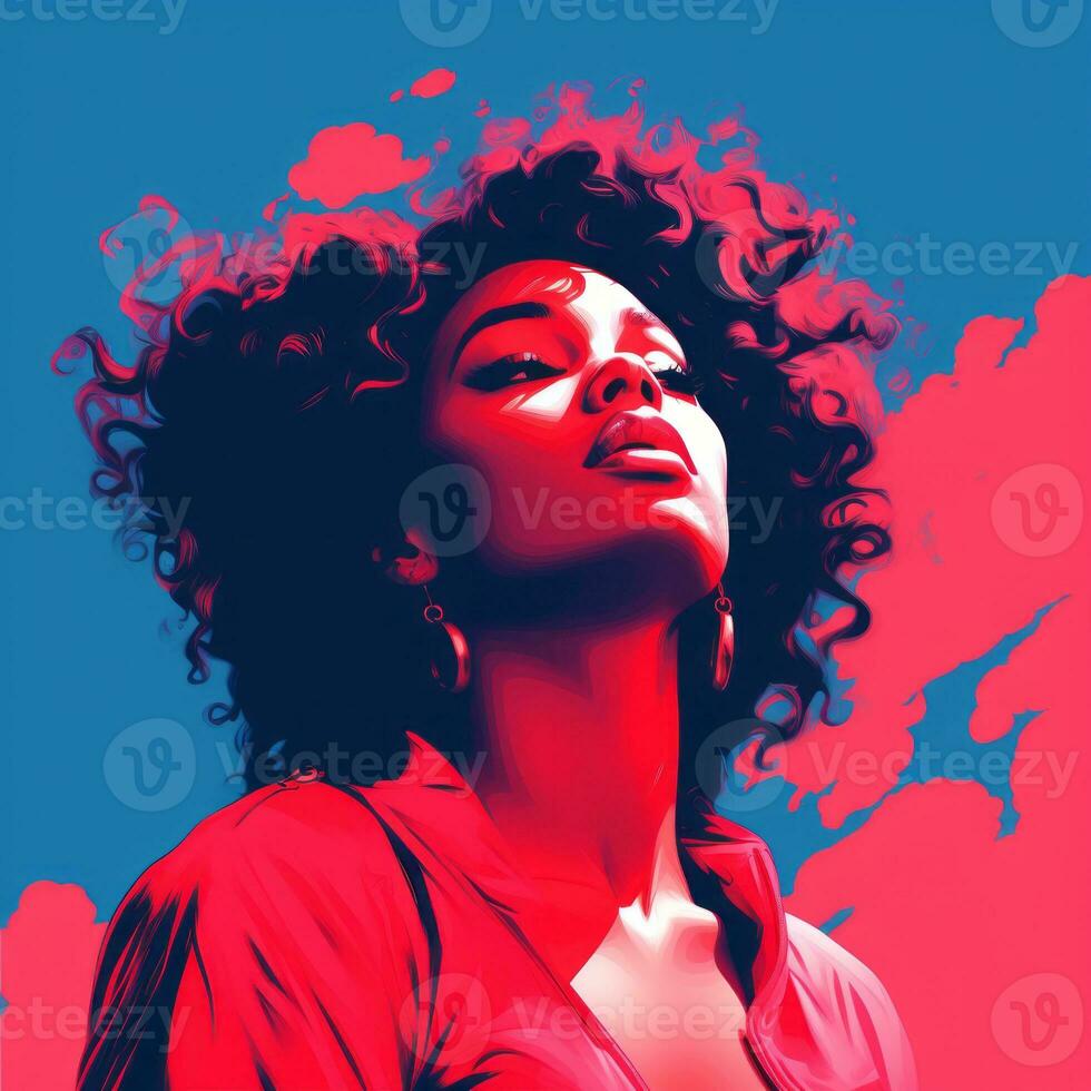 a woman with curly hair in front of a blue and red background generative ai photo