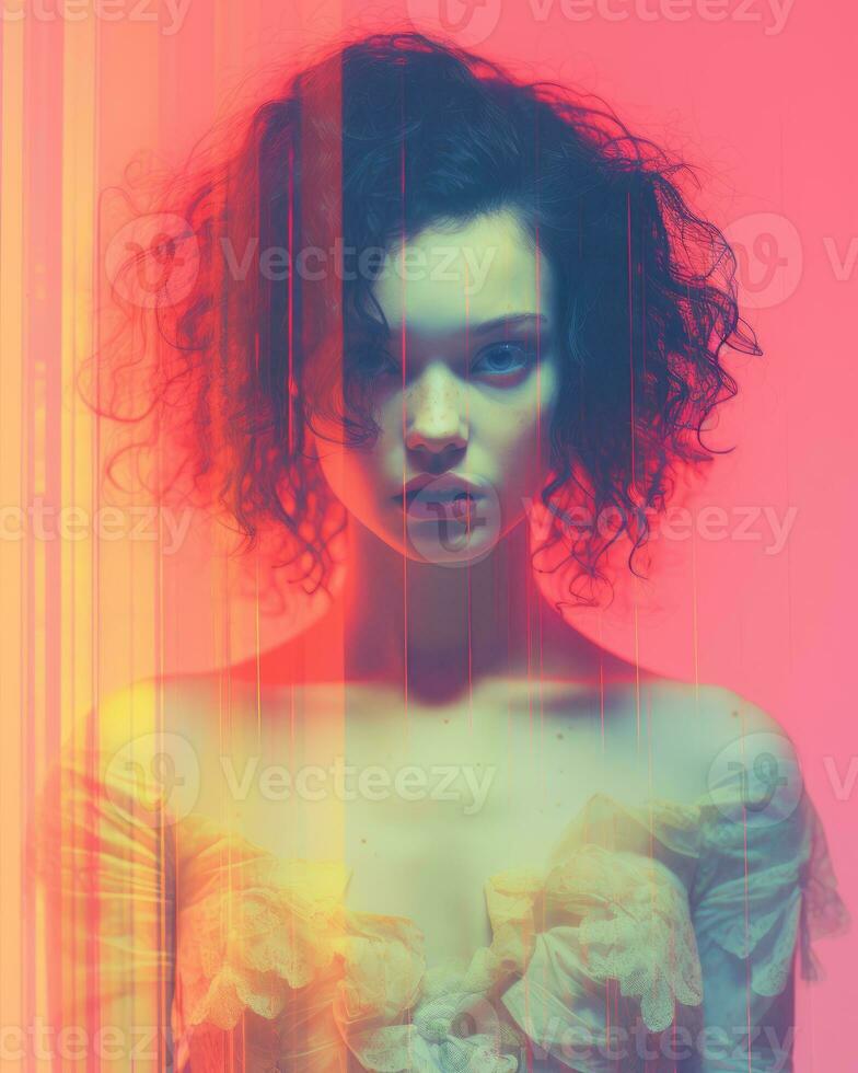 a woman with curly hair in front of a colorful background generative ai photo