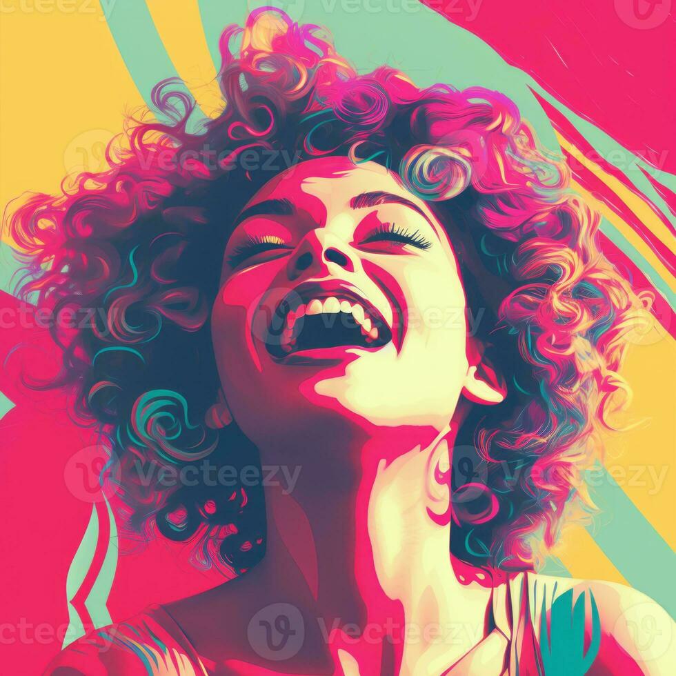 a woman with curly hair is laughing in front of a colorful background generative ai photo
