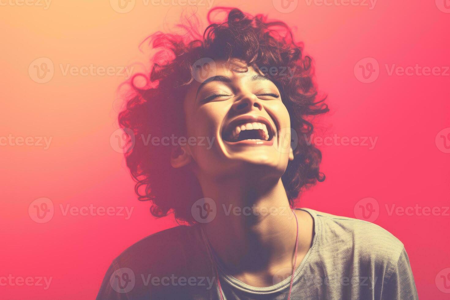 a woman with curly hair laughing in front of a pink background generative ai photo