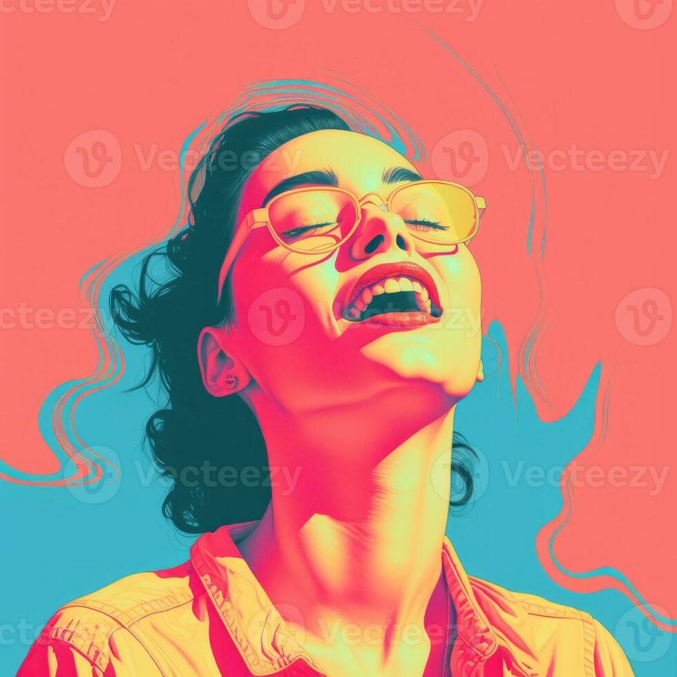 a woman with glasses and a pink shirt is laughing generative ai photo