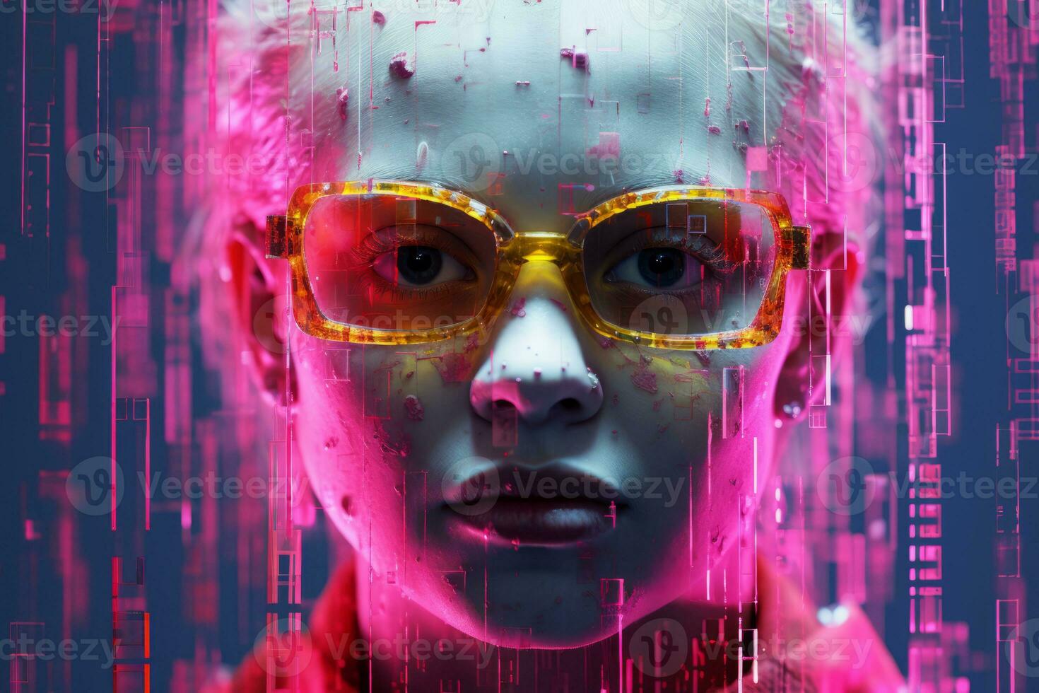 a woman with glasses and a computer screen in front of her generative ai photo