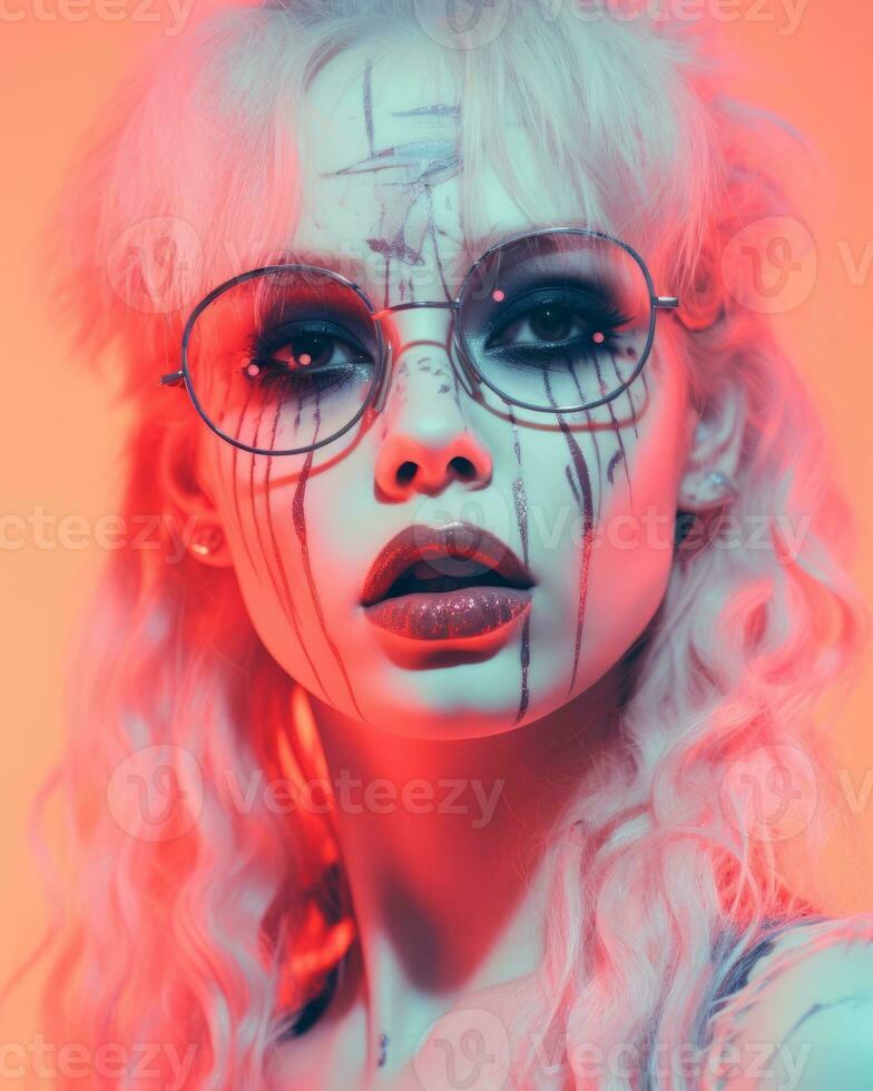 a woman with glasses and makeup on her face generative ai photo