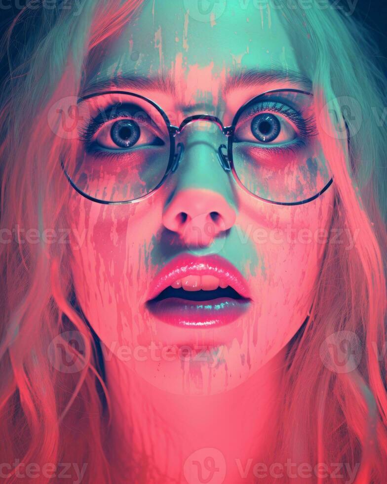 un mujer con lentes y rojo y azul pintar en su cara generativo ai foto