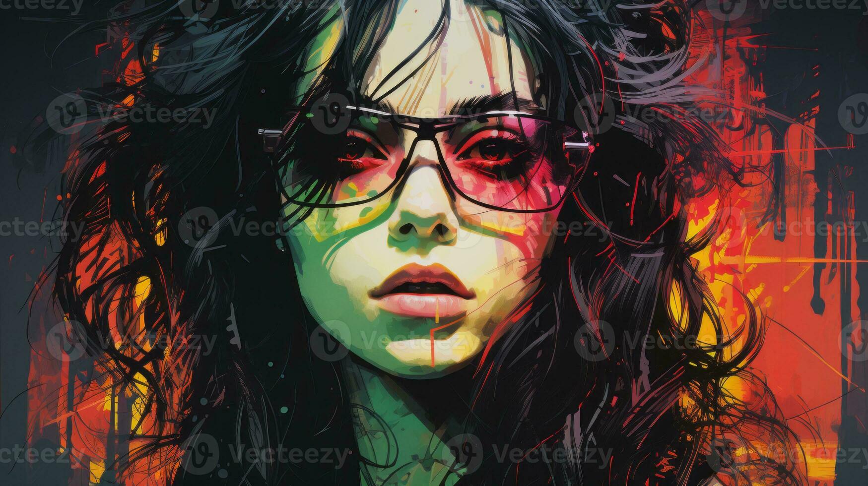 a woman with glasses and long hair in a colorful painting generative ai photo