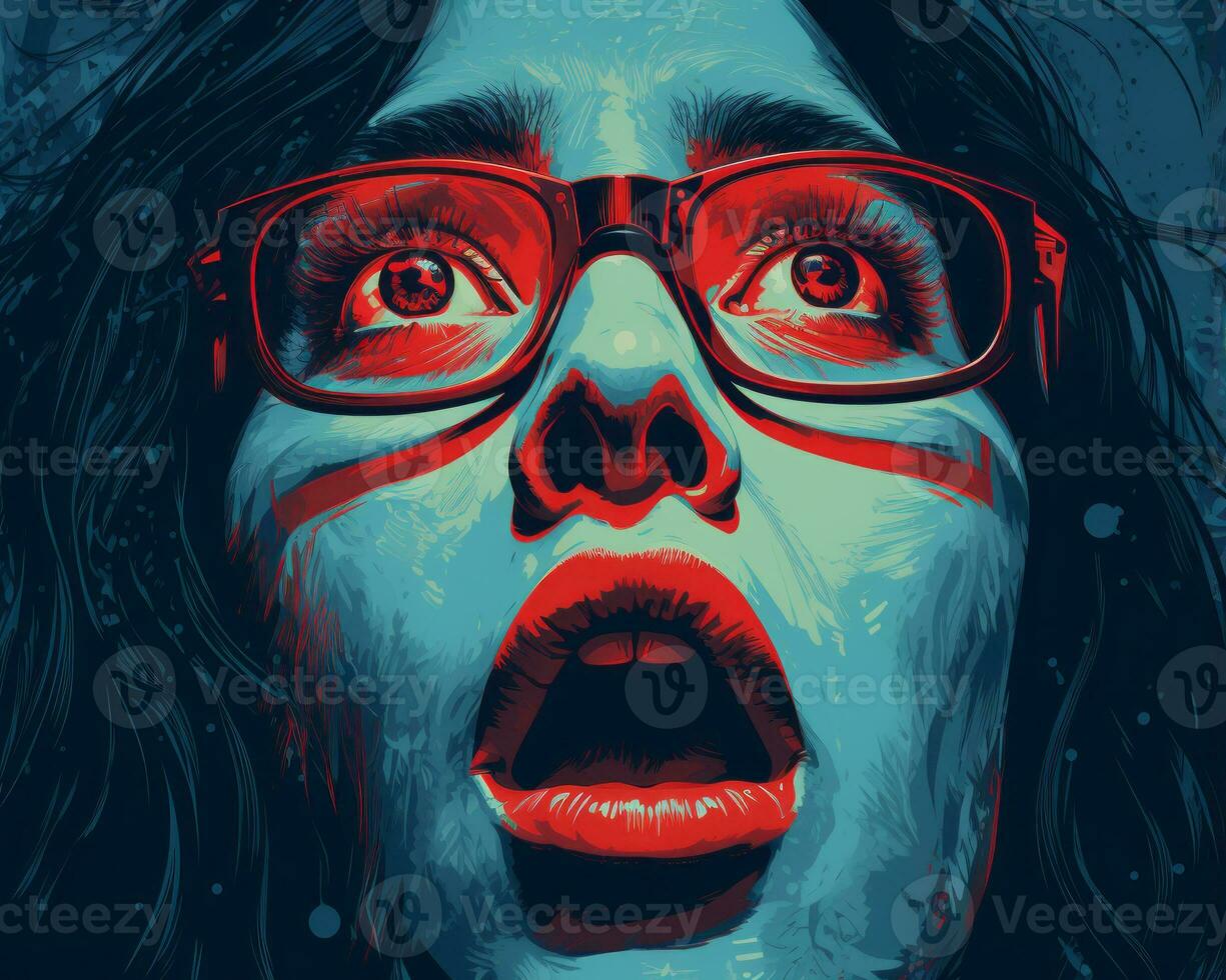 a woman with glasses and red eyes is staring at the camera generative ai photo