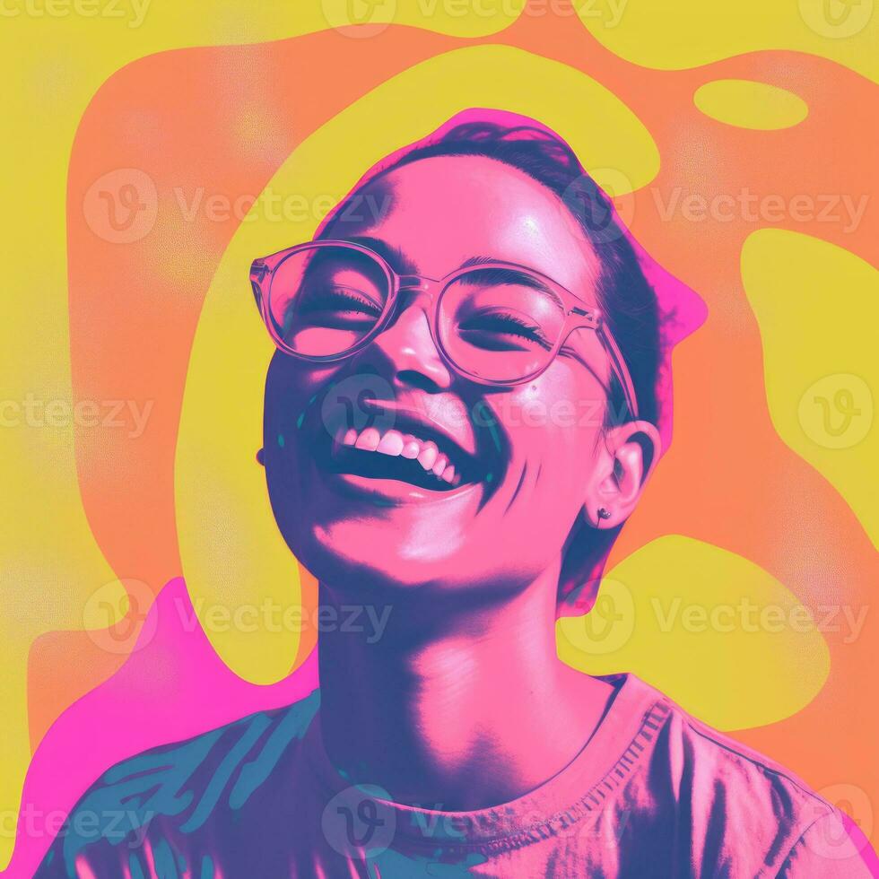 a woman with glasses is smiling in front of a colorful background generative ai photo