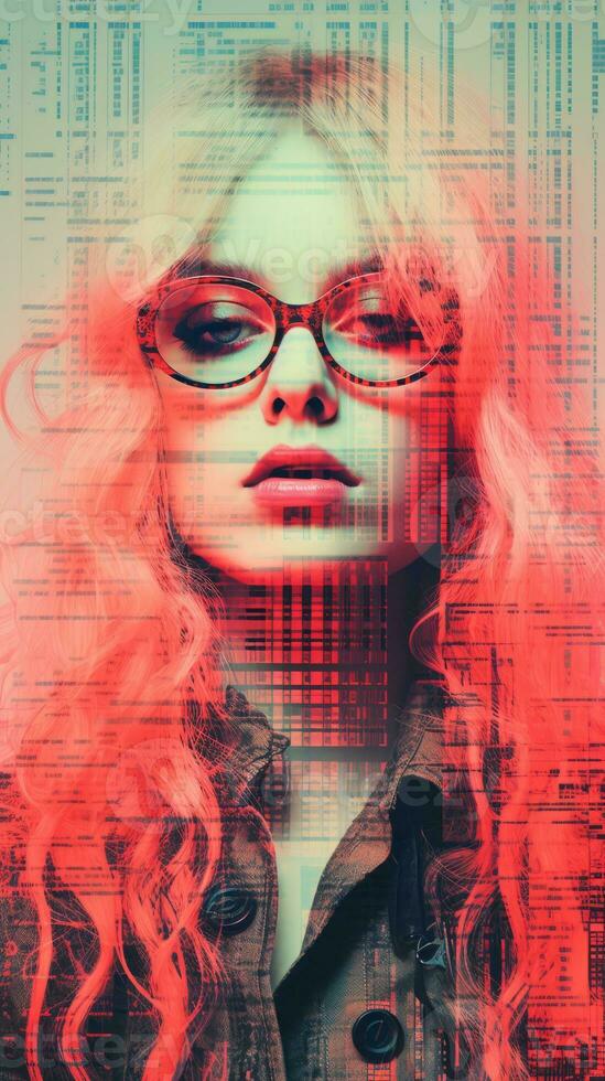 a woman with glasses and red hair in front of a computer screen generative ai photo