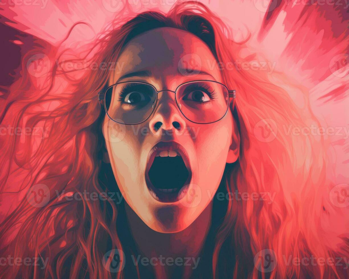 a woman with glasses is screaming in front of a red background generative ai photo