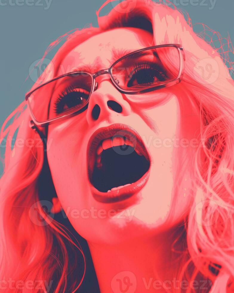 a woman with glasses screaming in front of a pink background generative ai photo