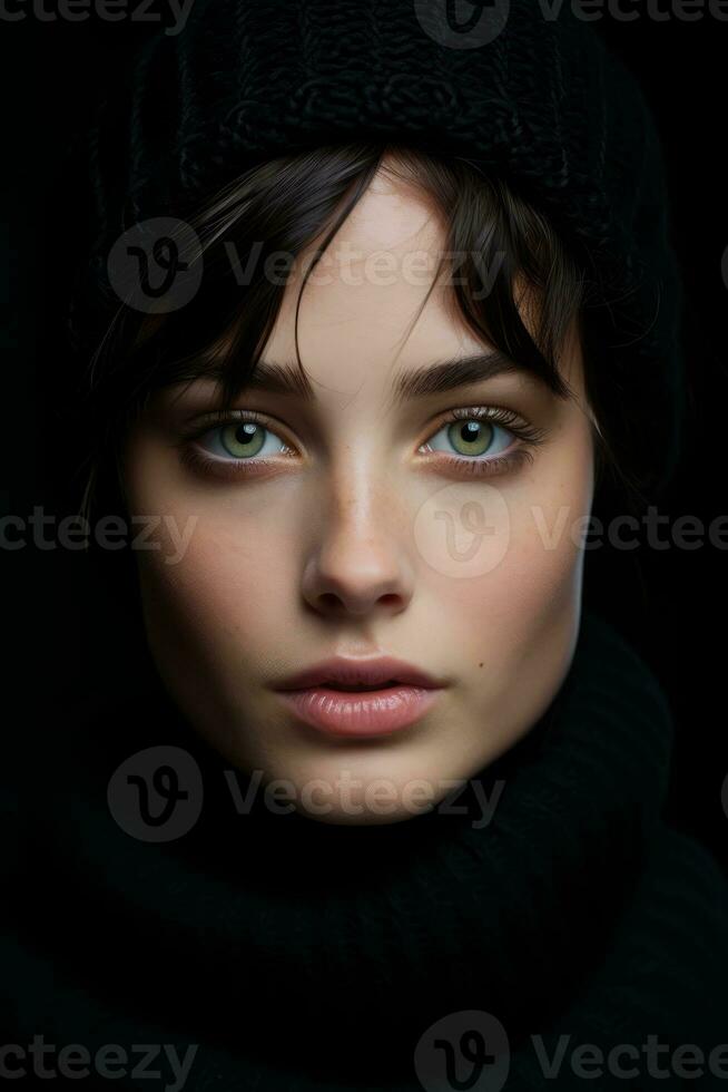 a woman with green eyes and a beanie generative ai photo