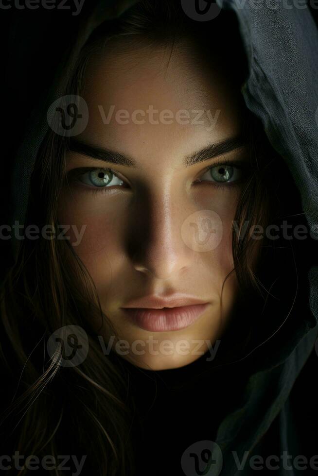 a woman with green eyes in a hood generative ai photo