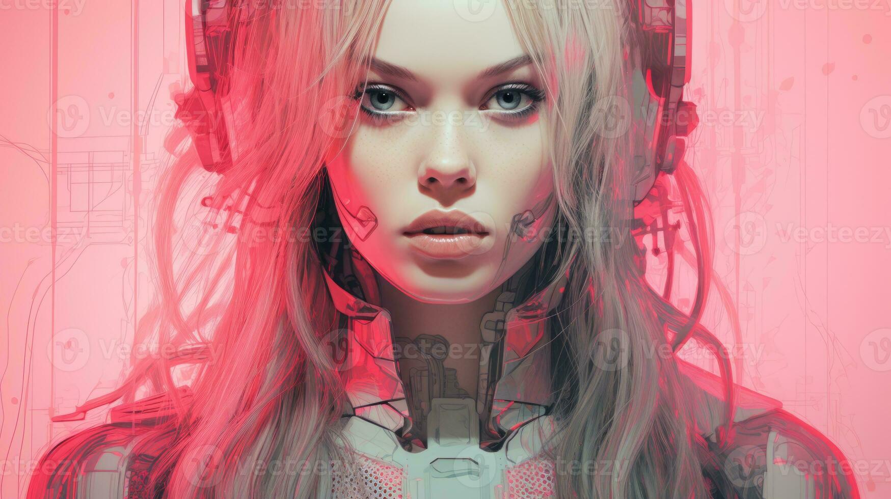 a woman with headphones on her head in front of a pink background generative ai photo