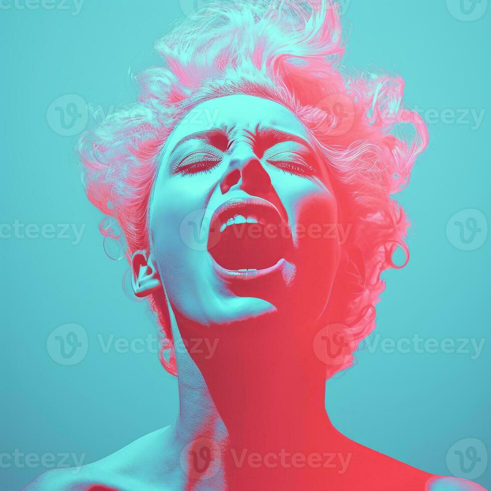 a woman with her mouth open in front of a blue and pink background generative ai photo