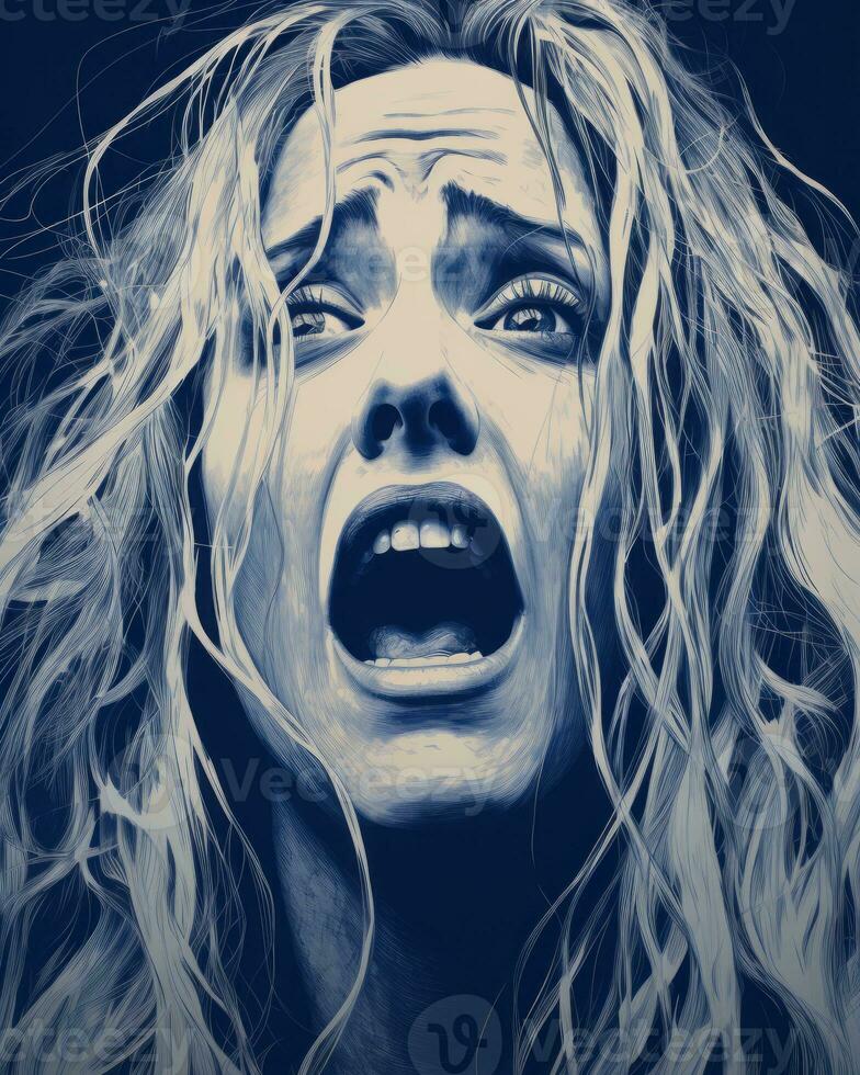 a woman with her mouth open in a blue background generative ai photo