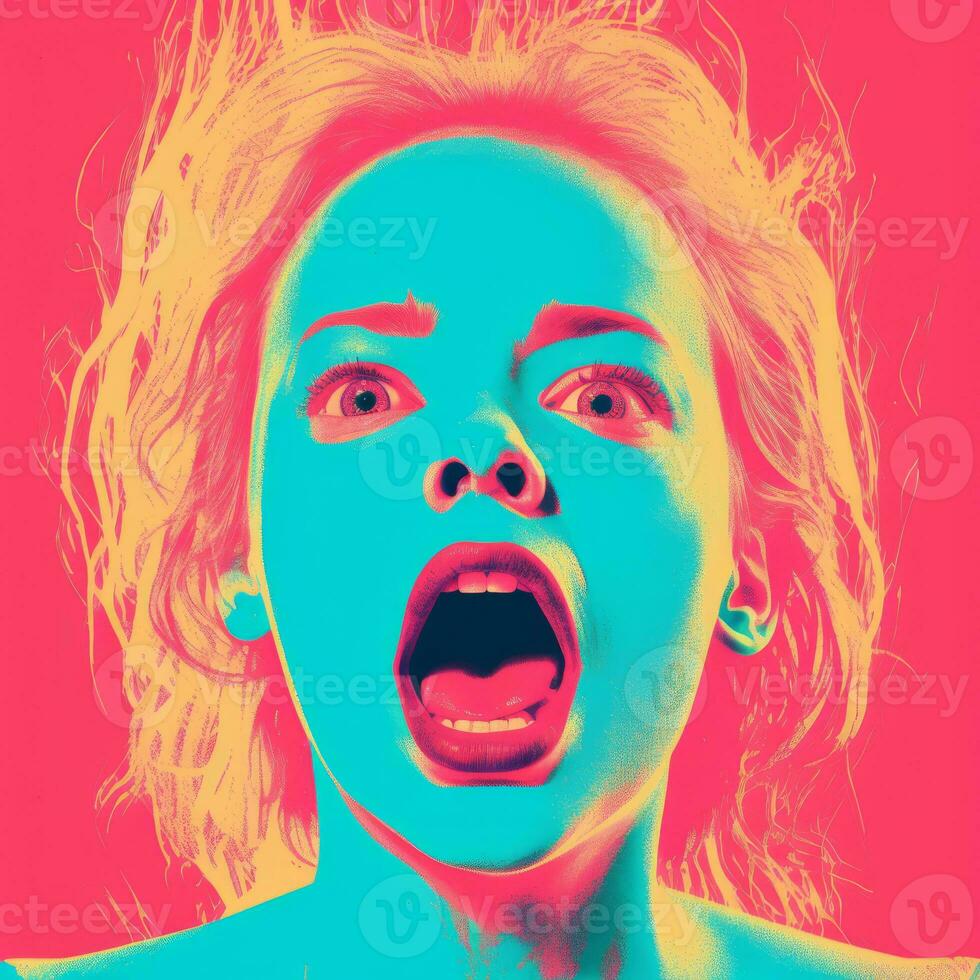 a woman with her mouth open in front of a colorful background generative ai photo