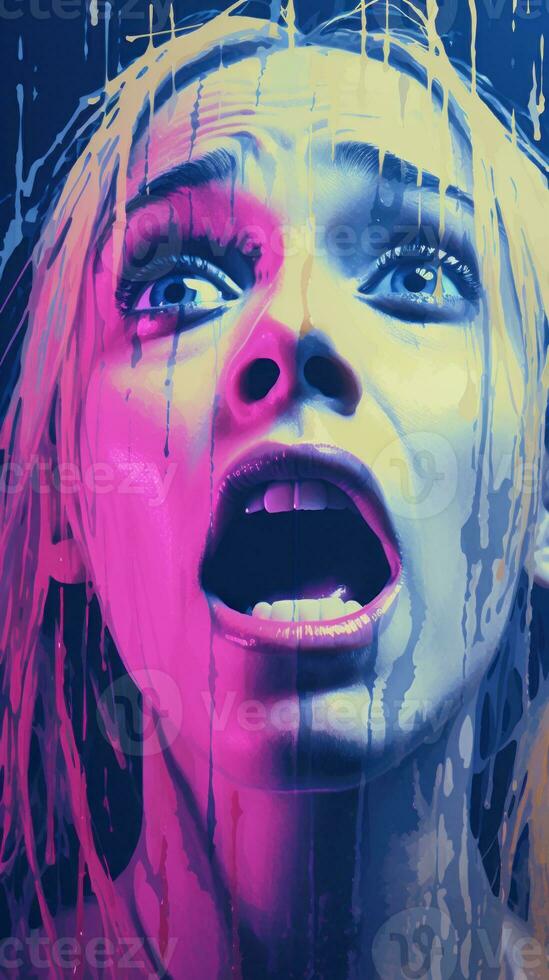 a woman with her mouth open in front of a colorful background generative ai photo