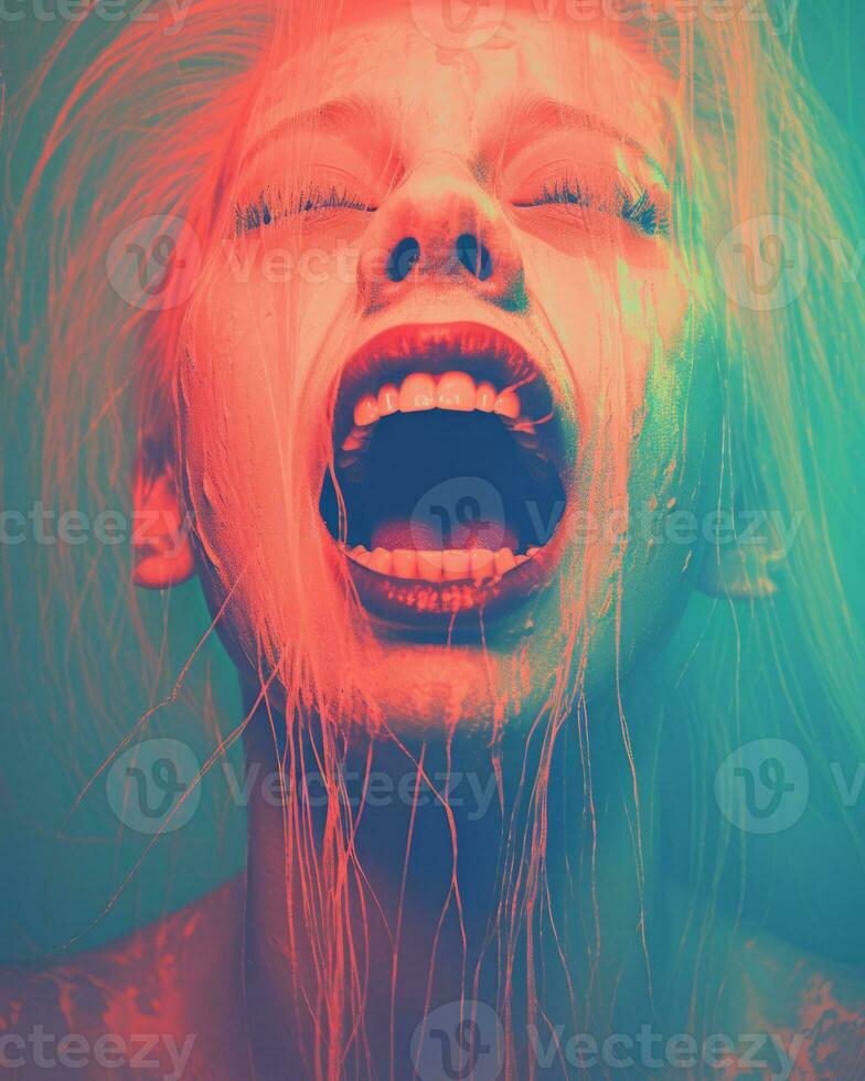 a woman with her mouth open in front of a colorful background generative ai photo