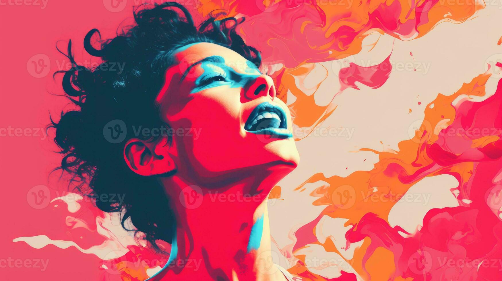 a woman with her mouth open in front of a colorful background generative ai photo