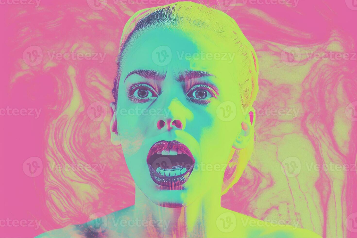 a woman with her mouth open in front of a pink and blue background generative ai photo